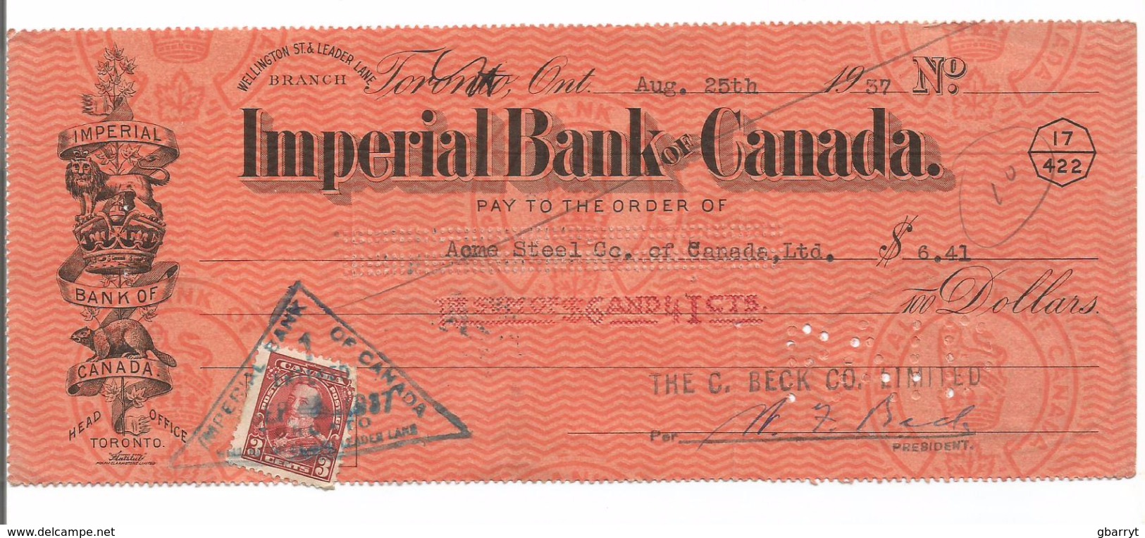 Imperial Bank Of Canada Wellington St. & Leader Lane Branch Toronto Aug 25 1957 - Schecks  Und Reiseschecks