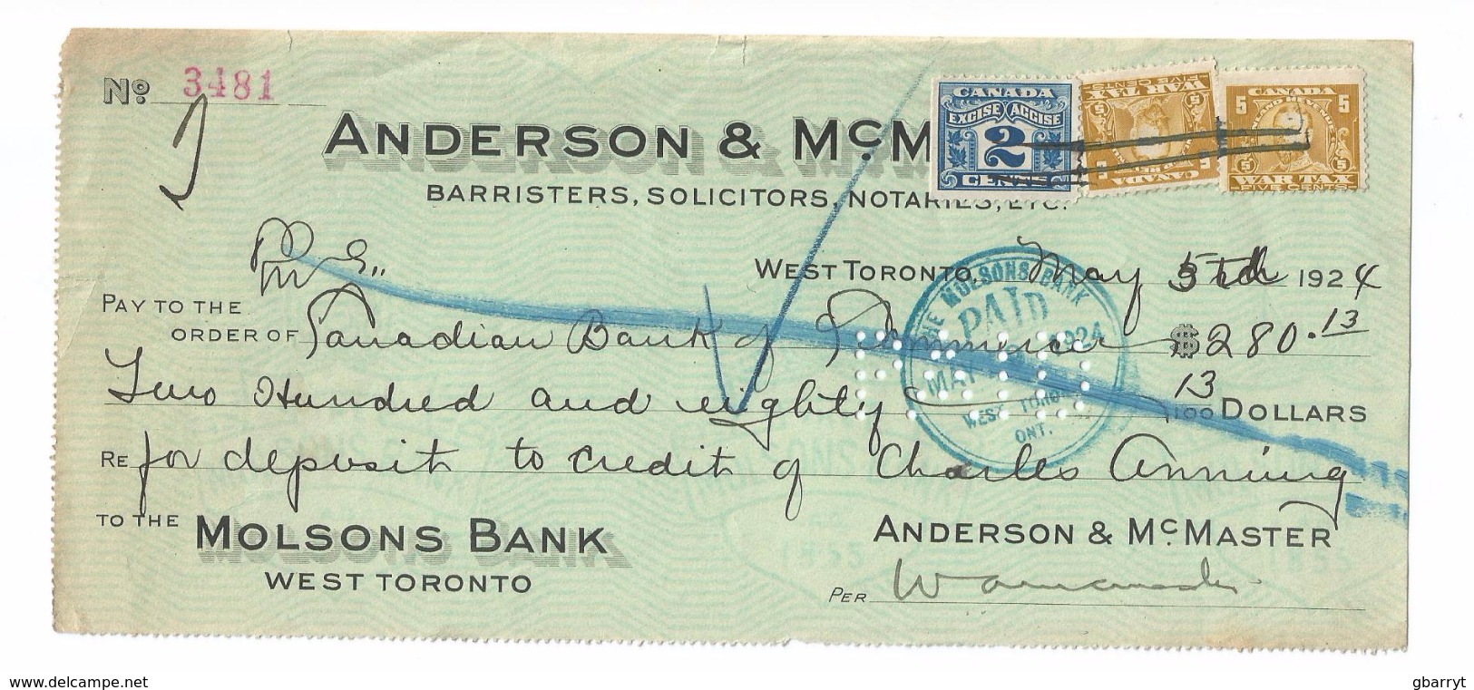 Molsons Bank West Toronto May 5, 1924 - Cheques & Traveler's Cheques