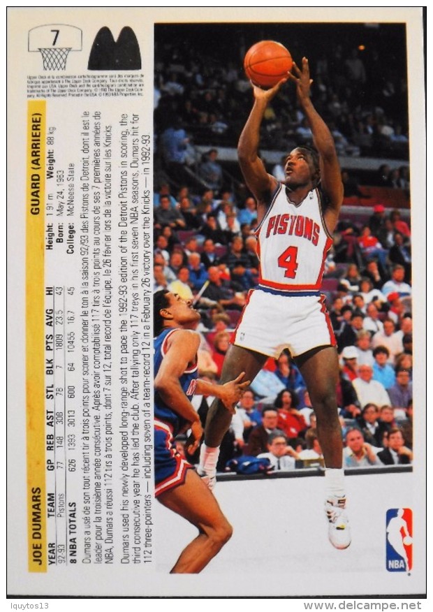 DETROIT PISTONS - In - 92 / 93 ( Carte ) Joe Dumars - Guard - N.B.A .n° 7 . 2 Scans - TBE - Detroit Pistons