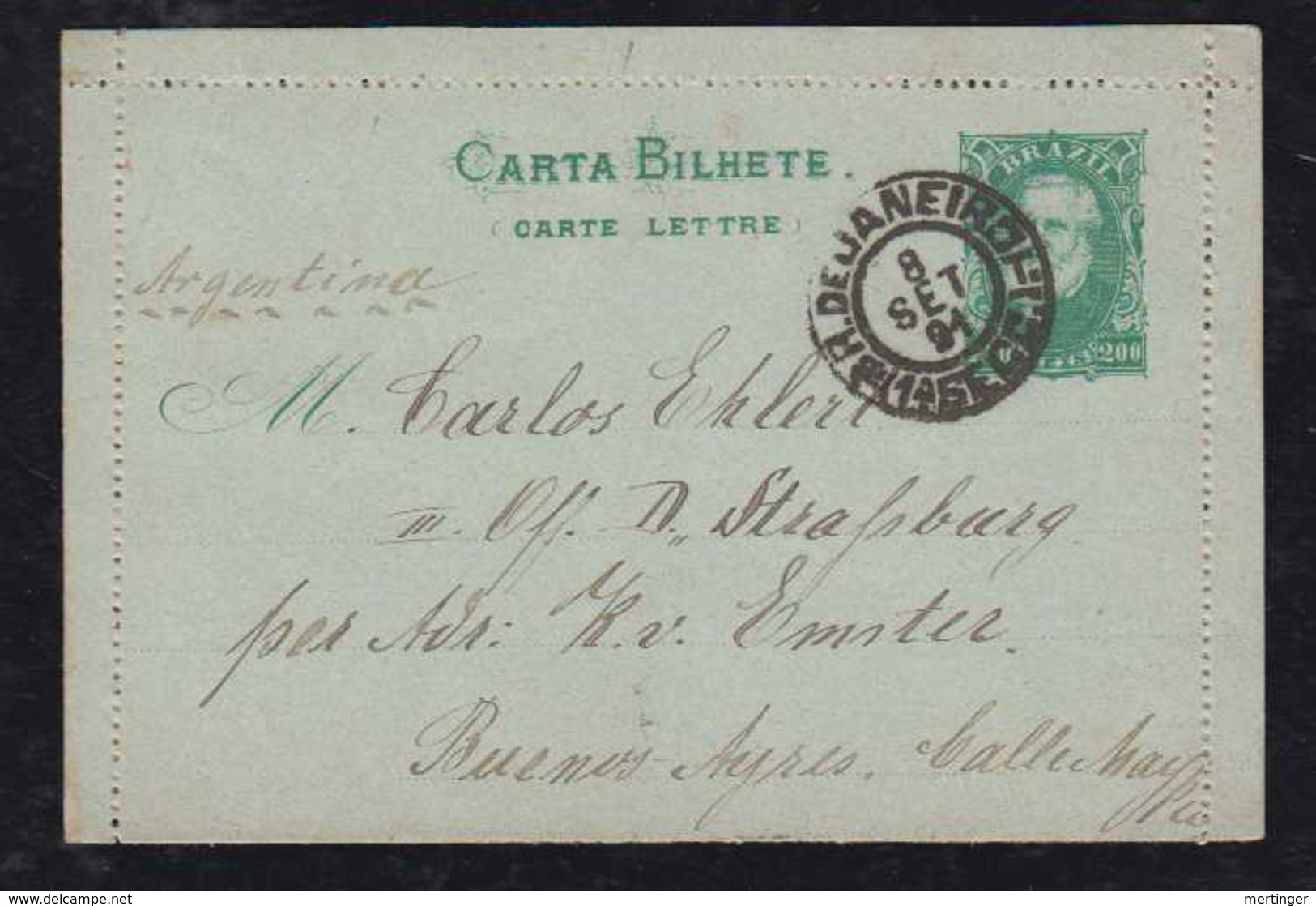 Brazil Brasil 1890 CB 9 200R Stationery Letter Card RIO DE JANEIRO To BUENOS AYRES Argentina - Entiers Postaux