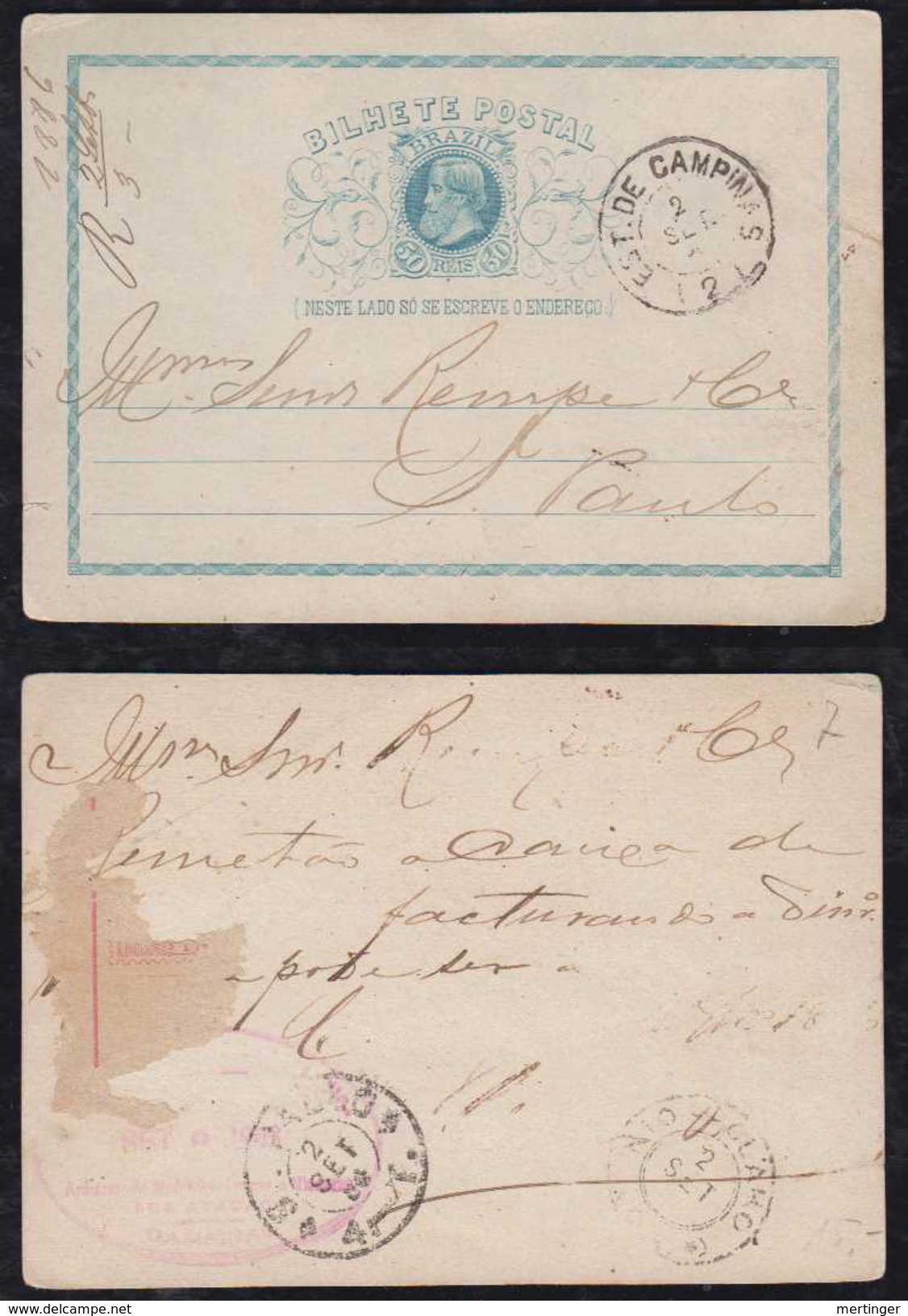 Brazil Brasil 1886 BP 12 50R Dom Pedro Stationery Card ESTACAO DE CAMPINAS To SAO PAULO - Postwaardestukken