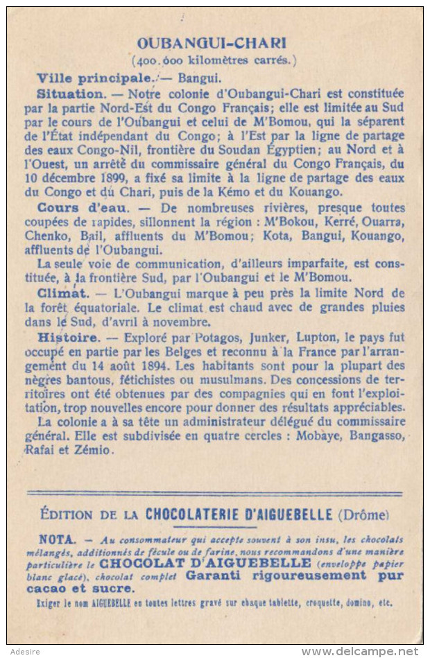 OUBANGUI - CHARI (Colonies Francaises), Edit Chocolaterie D'Aiguebelle, 1910? - Ohne Zuordnung