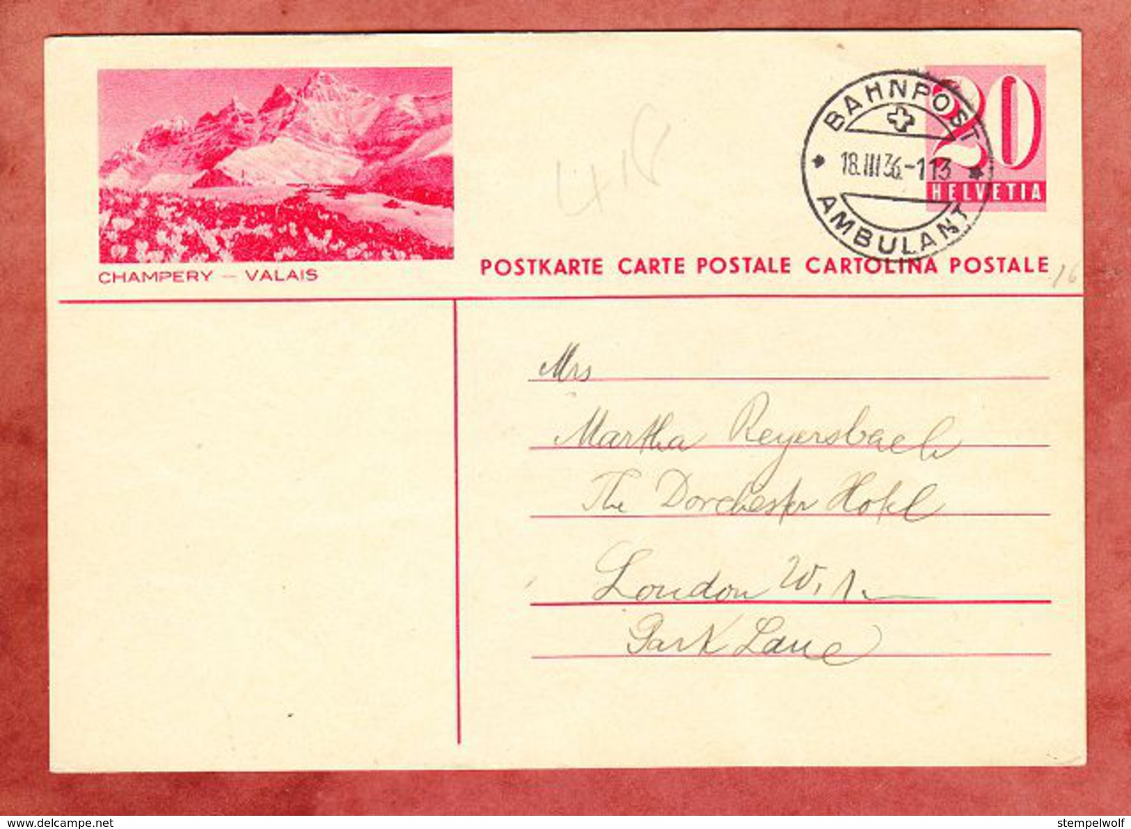 P 168 Ziffer, Abb: Champery - Valais, Basel Per Bahnpost Ambulant Nach London 1936 (33750) - Interi Postali