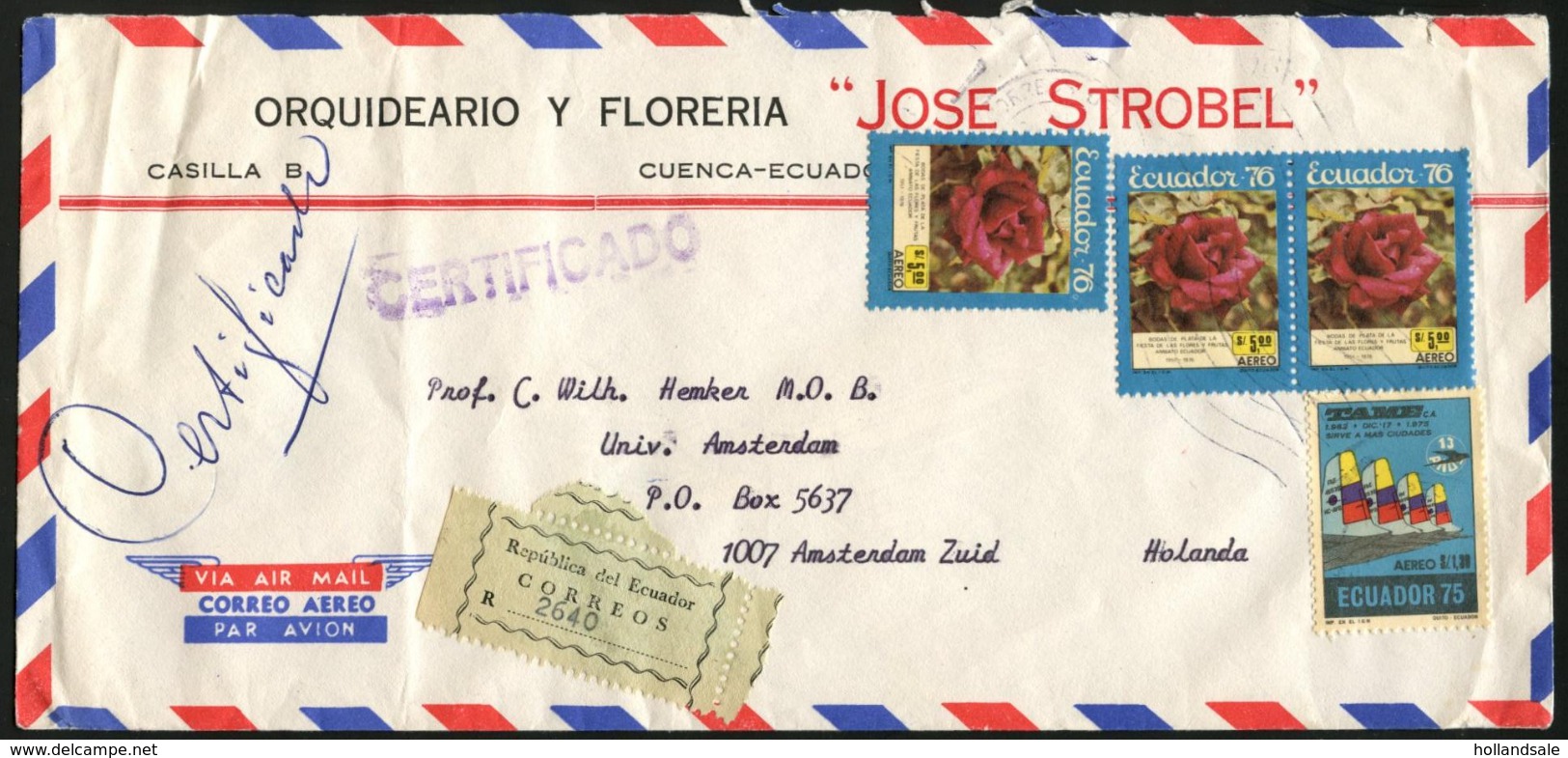 ECUADOR - 1976 R-Airmail Cover Sent From Cuenca To Amsterdam, The Netherlands. (d-677) - Ecuador