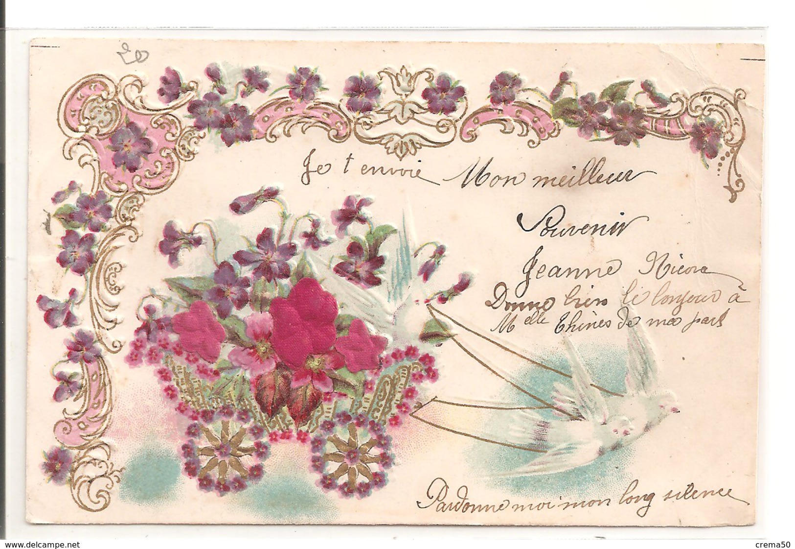 Carte Fantaisie Gaufrée: Fleurs En Tissu Sur Un Chariot, Tiré Par 2 Colombes - Autres & Non Classés