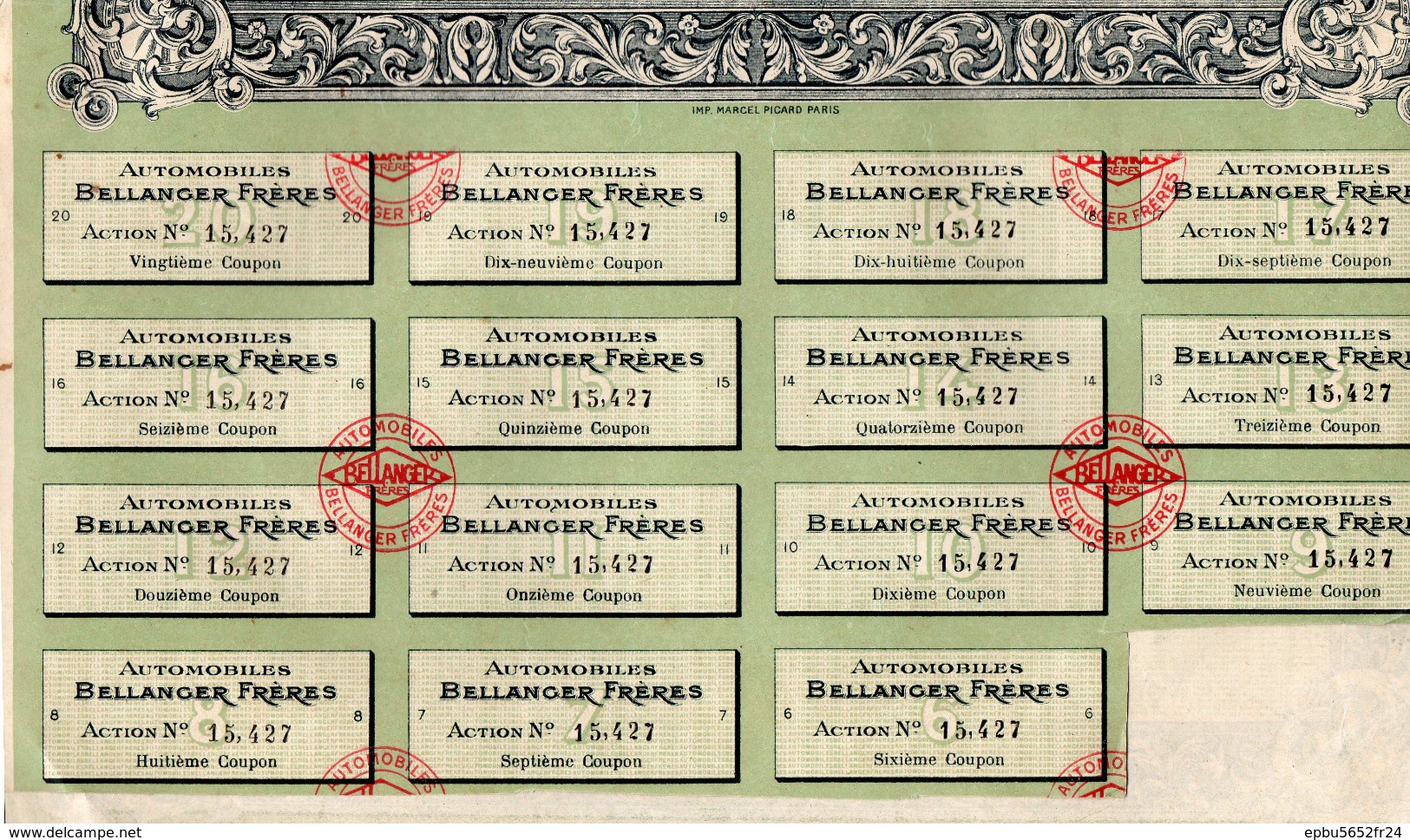 Action De 100 Francs  De 1919 "Automobiles Bellanger Freres " 15 Coupons -N° 15.427 - Automobile