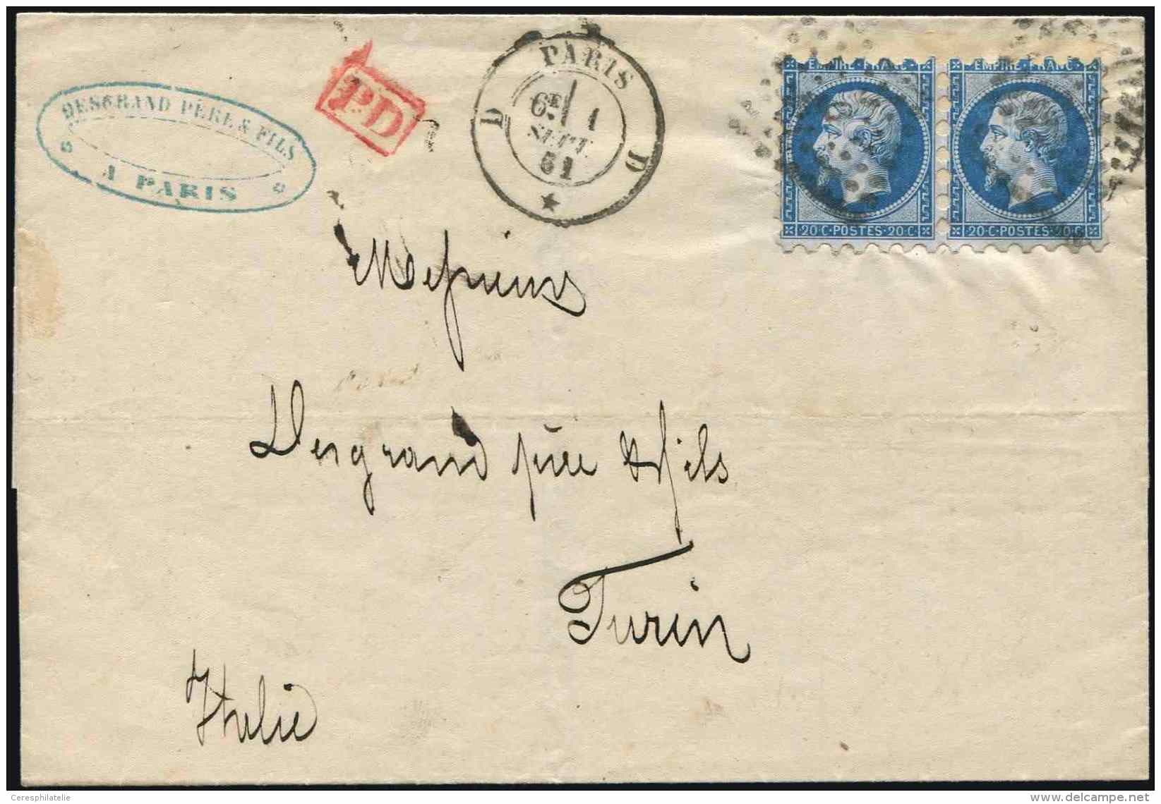 14B  20c. Bleu, T II, PAIRE PIQUAGE SUSSE, Obl. Los. D S. LSC, Càd D PARIS D 1/9/61, Arr. TORINO, RR Combinaison, - Autres & Non Classés