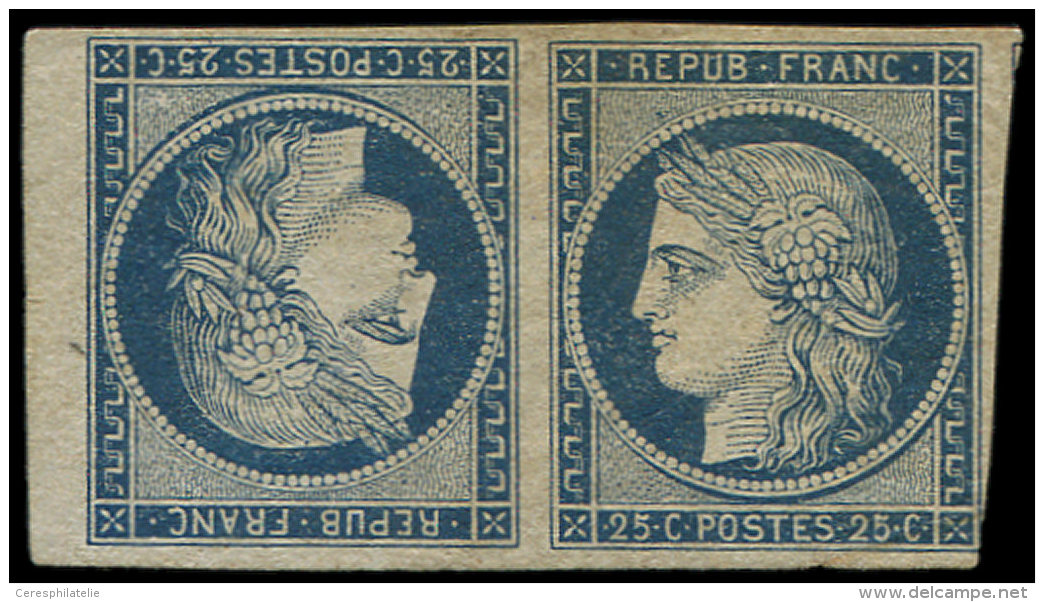 T4c  25c. Bleu, PAIRE TETE BECHE, Bdf, Légers Défauts Mais GRANDE RARETE En Neuf, 3 Ex. Connus, Certif. Sc - Autres & Non Classés