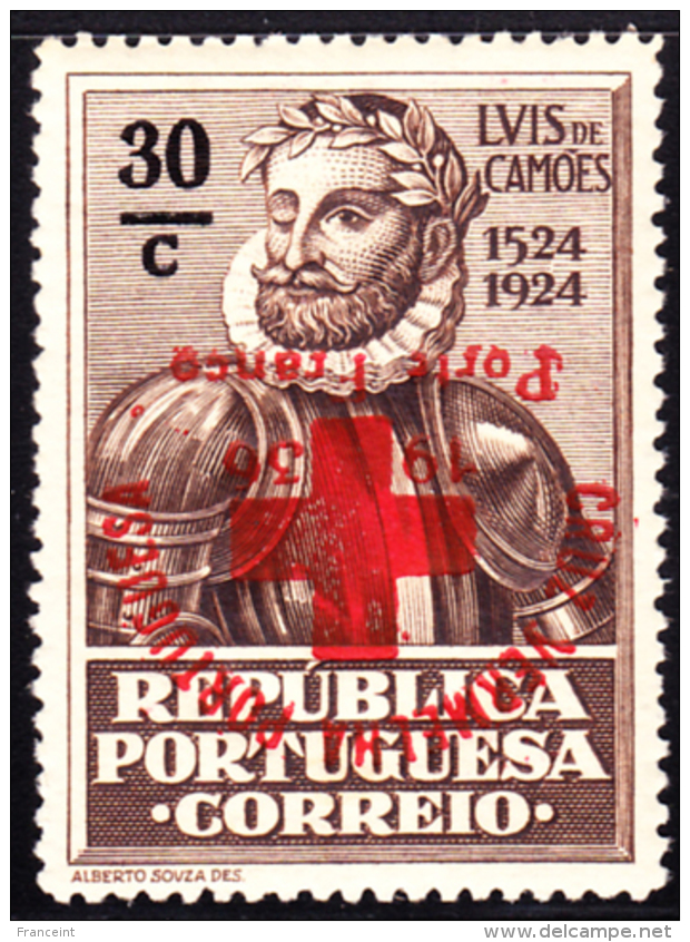 Portugal 1935 30c Luis De Camoens Red Cross Overprint Inverted. Scott 1S66. MNH. - Neufs