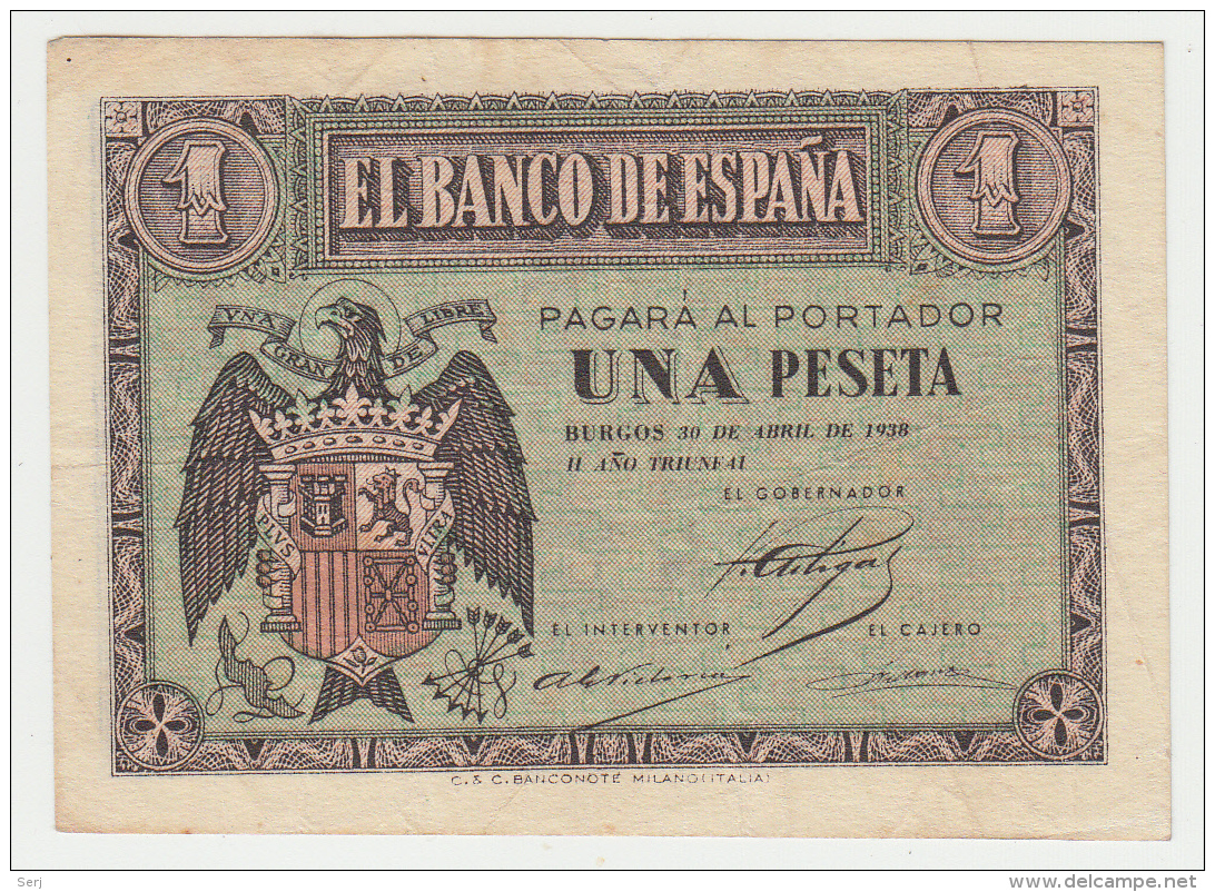 SPAIN 1 PESETA 1938 VF++ Pick 108 - 1-2 Peseten