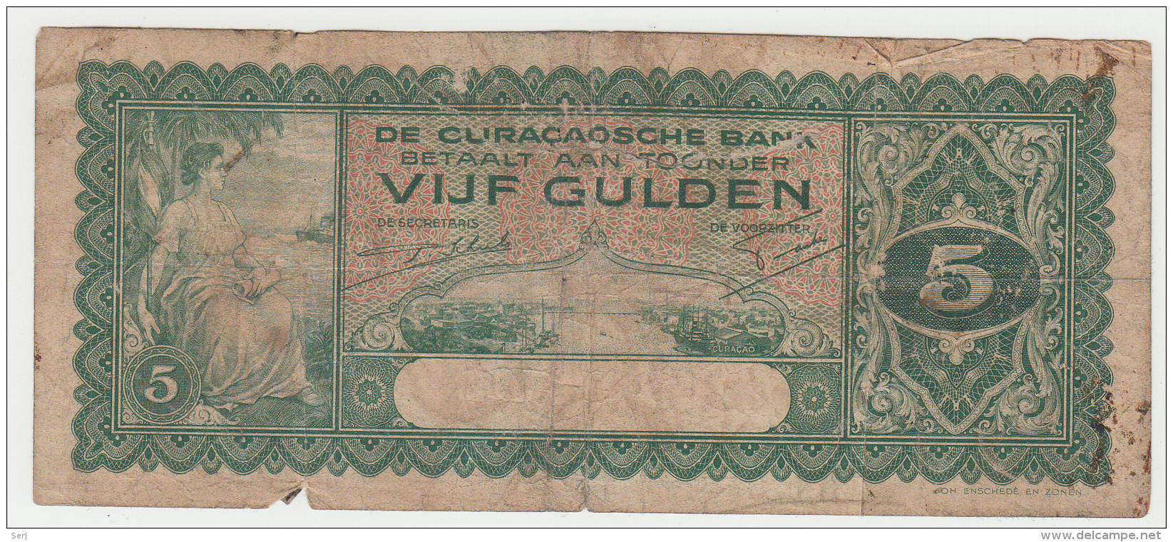 CURACAO 5 GULDEN 1939 Fair PICK 22 - Nederlandse Antillen (...-1986)