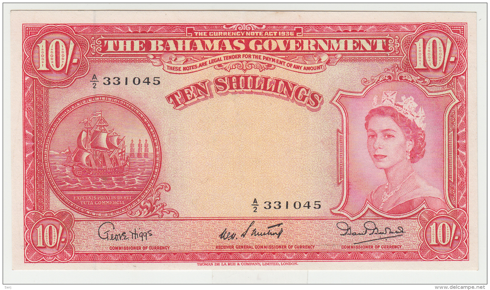 Bahamas 10 Shillings 1953 AUNC+ Pick 14b  14 B - Bahamas