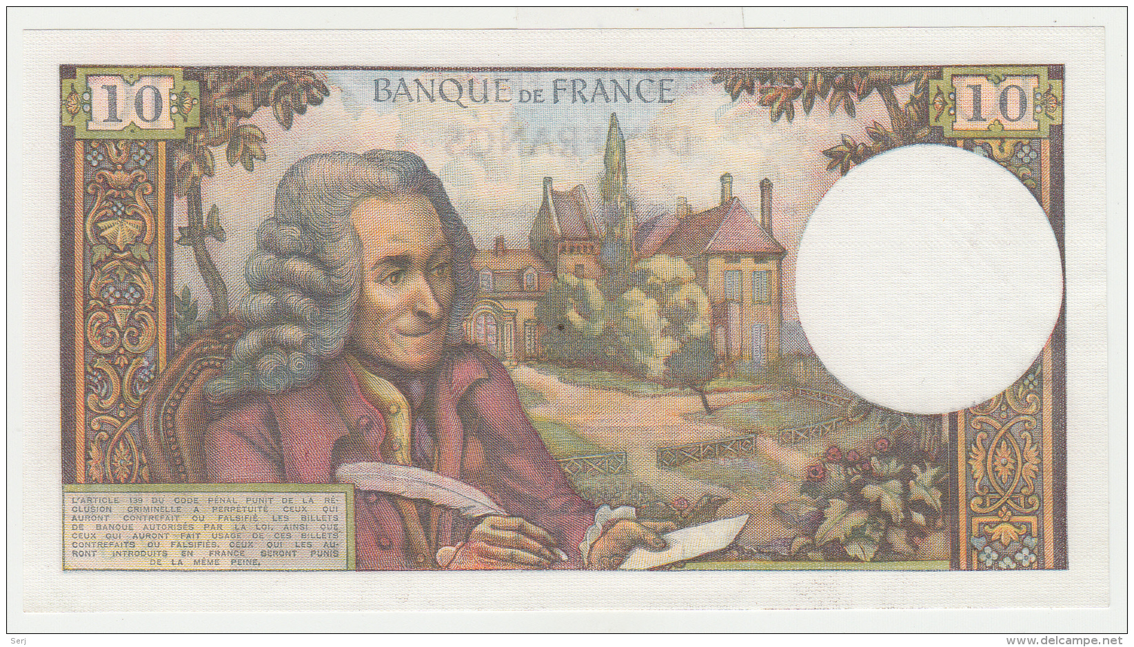 FRANCE 10 FRANCS 1972 AUNC Pick 147d  147 D - 10 F 1963-1973 ''Voltaire''