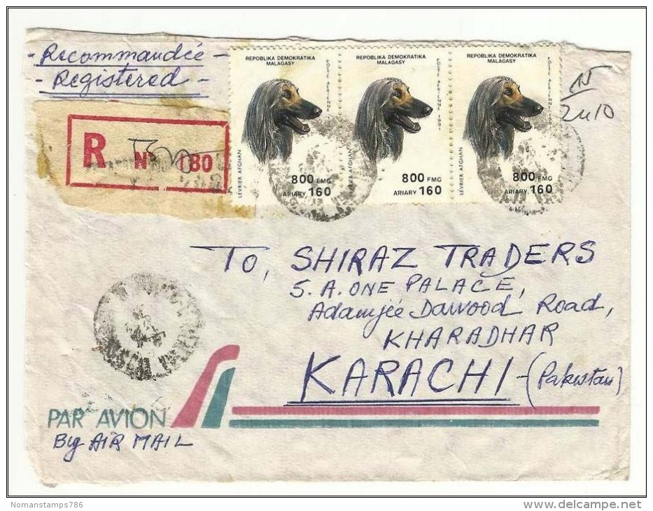 Malagasy Registered Air Mail Postal Used Cover  Madagascar To Pakistan Dog Dogs Animal Fruit - Madagaskar (1960-...)