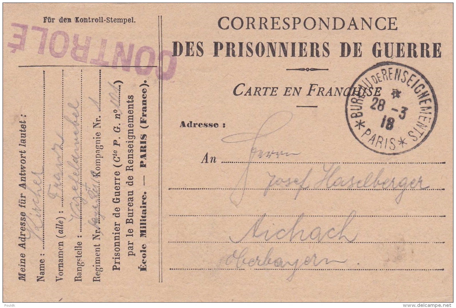 Prisoner Of War From German POW In France, PG Depot 101  P/m Paris 28.3.1918 (T1-26) - Militaria