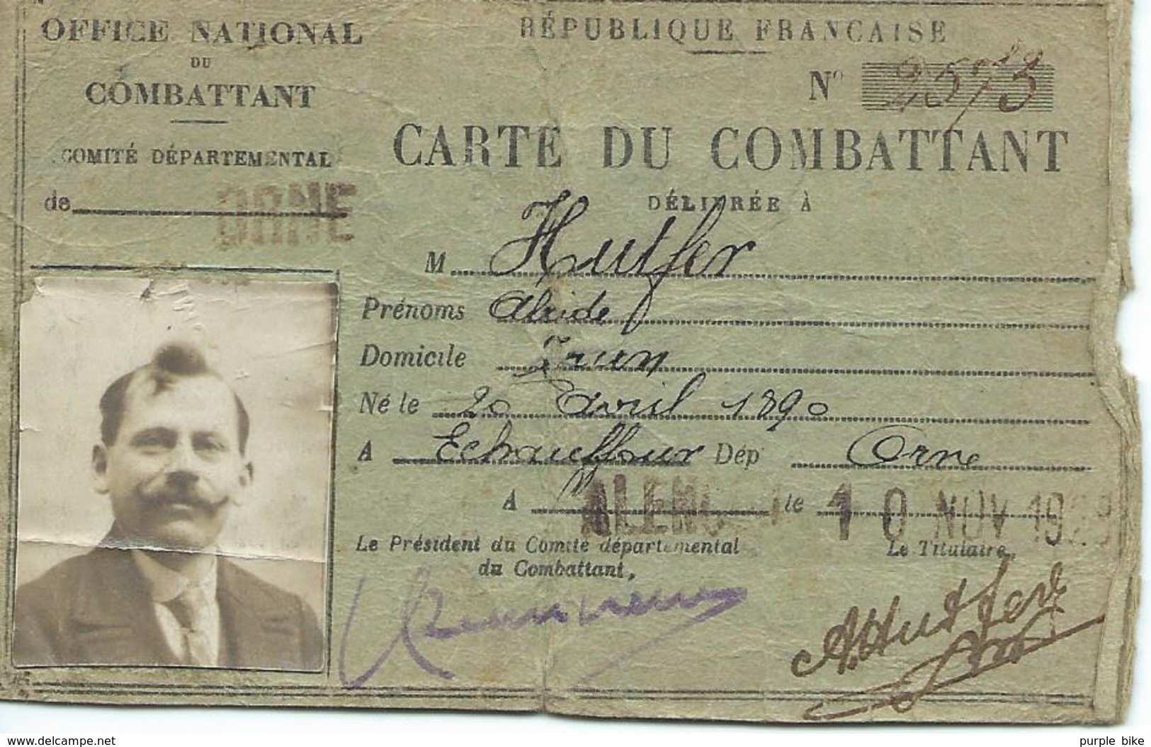 Carte Du Combattant 1914 1918 Caporal Alcide Alphonse Armand Hutfer Né Dans L'Orne - Documentos Históricos