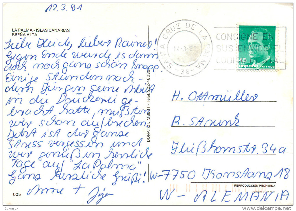 Brena Alta, La Palma, Spain Postcard Posted 1991 Stamp - La Palma