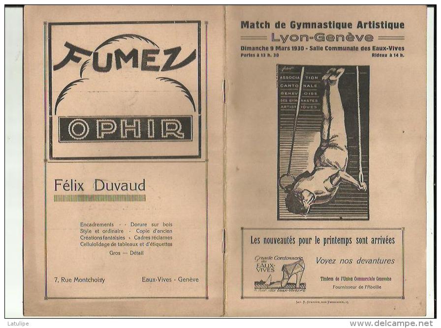 LYON_GENEVE _ Match De Gymnastique Artistique - A C G D A _le Dimanche 9 Mars 1930 Aux Eaux_Vives__Voir Scan Publicité - Gymnastics