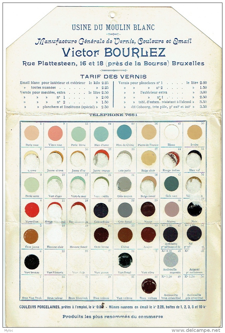 Palette De Couleurs & Tarif.  Usine Du Moulin Blanc. Manufacture De Vernis. Victor Bourlez, Bruxelles, Rue Platteste - 1900 – 1949