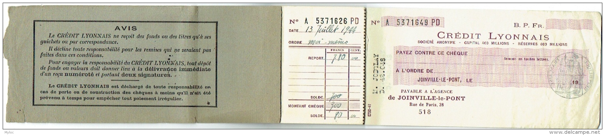 Ancien Carnet De Chèque. Crédit Lyonnais. Joinville-le-Pont. Reste 2 Chèques. 1944. - Chèques & Chèques De Voyage