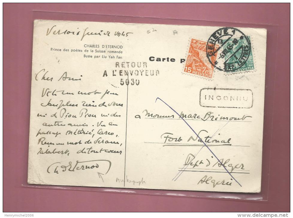Autographe Charles D'eternod Prince Des Poetes De La Suisse Romande Buste Par Liu Yah Fan Genève 1945 Marcophilie - Autres & Non Classés