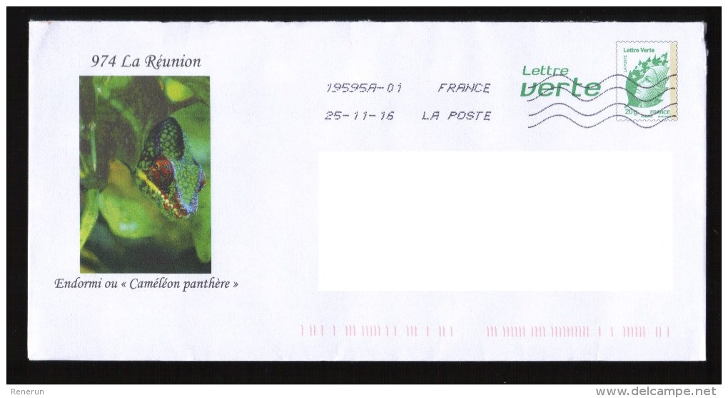 PAP Entiers Postaux, Ile De La Réunion , Endormi " Caméléon Panthere, Lettre Verte - Prêts-à-poster:  Autres (1995-...)