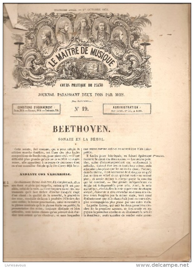 Le Maître De La Musique Cours Pratique De Piano Publié Par Mme Raymond N°19 Du 1/10./1873 BEETHOVEN Sonate En LA Bémol - Musica