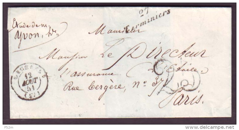 EURE &amp; LOIR - LSC - Cursive 27 Terminiers + T15 Orgères + Taxe DT 25 Pour Paris (60) - 1849-1876: Période Classique