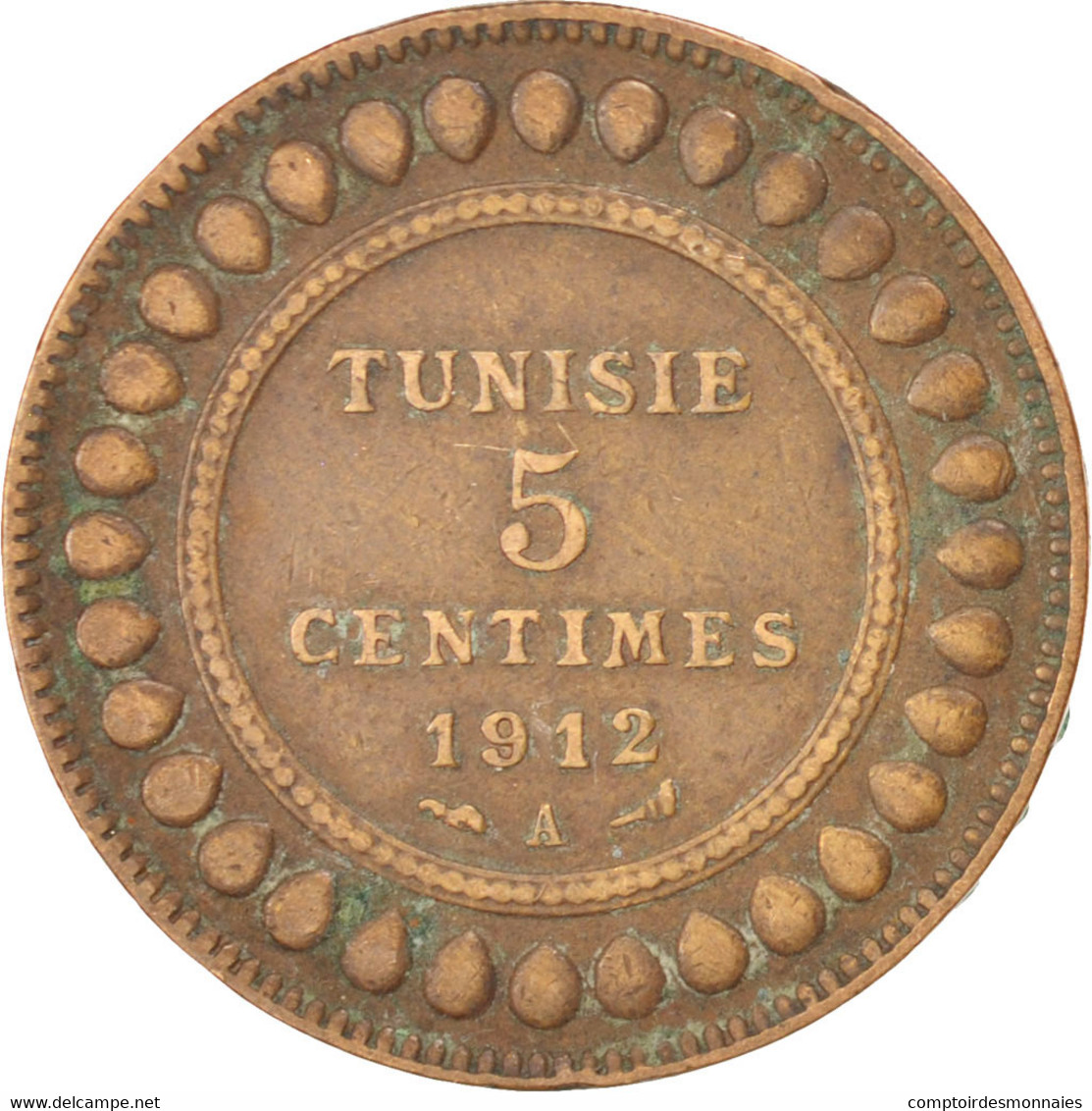 Monnaie, Tunisie, Muhammad Al-Nasir Bey, 5 Centimes, 1912, Paris, TTB, Bronze - Tunisie