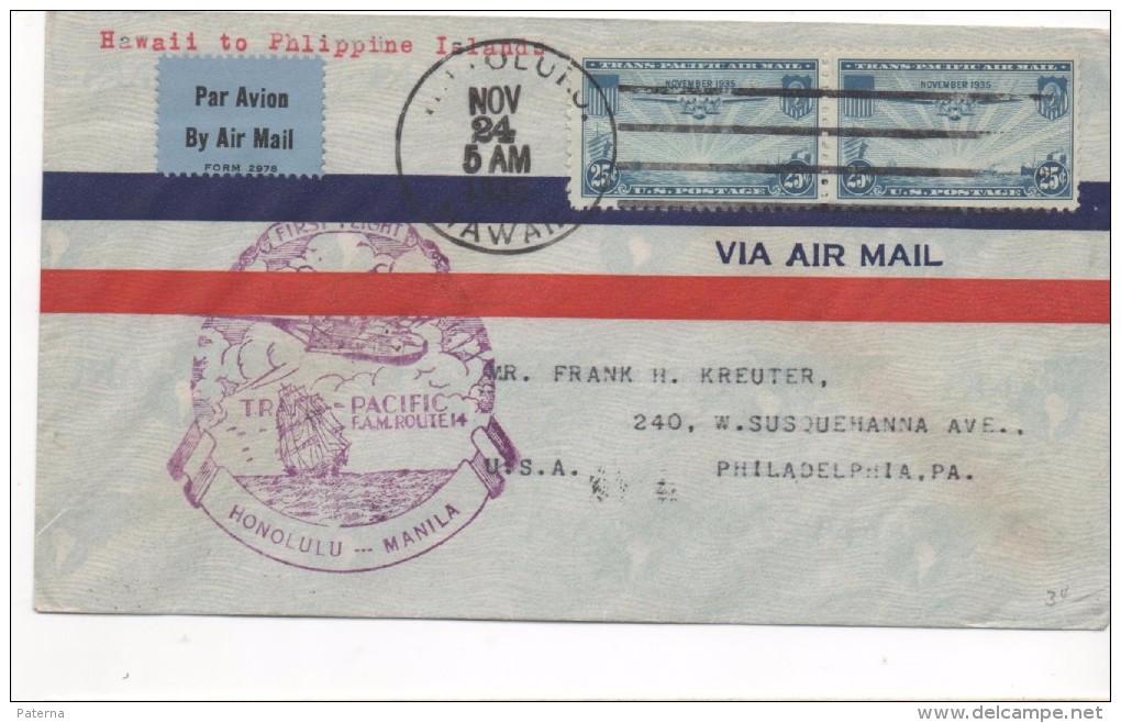 3092   Carta Honolulu 1924 . Manila  1º Vuelo, Pacifi , Aéreo ,avion - Hawaï