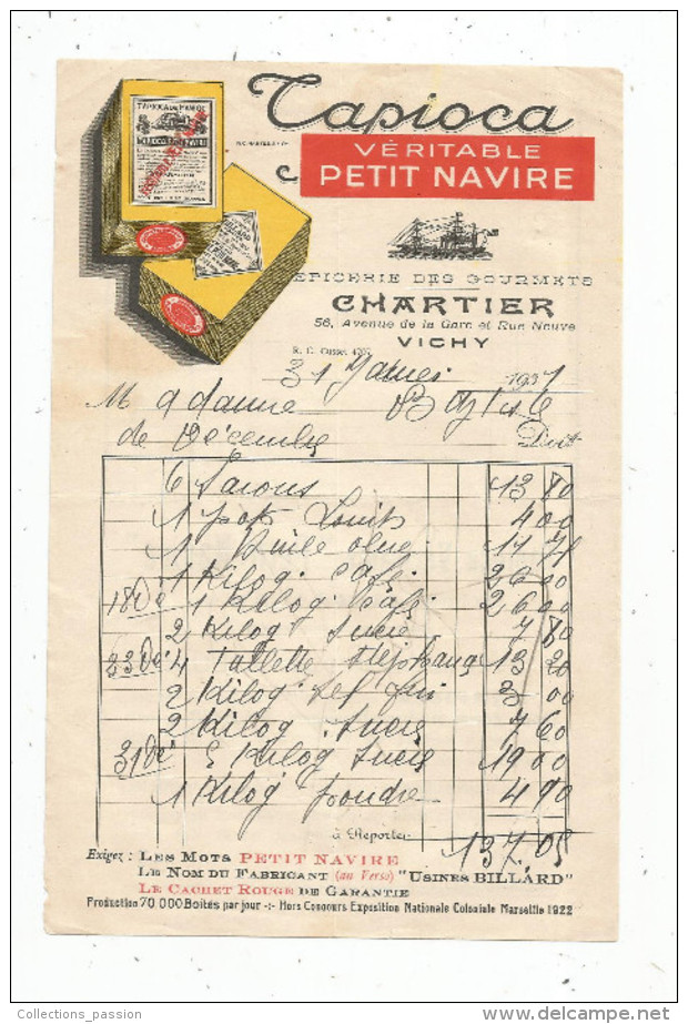 Facture , 1931 , Tapioca , Véritable PETIT NAVIRE , épicerie Des Gourmets Chartier , VICHY , 2 Scans ,  Frais Fr : 1.55€ - 1900 – 1949