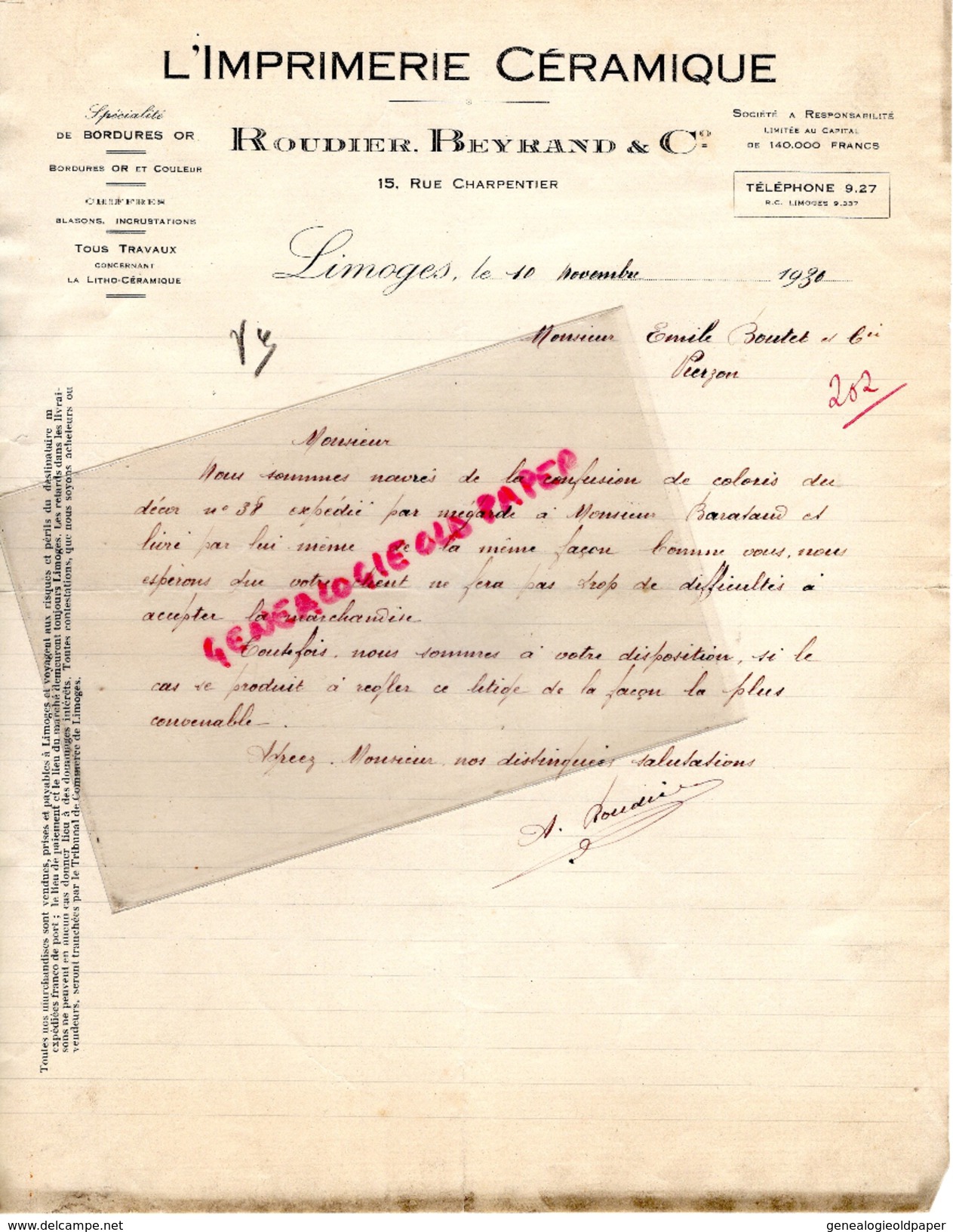 87 - LIMOGES- FACTURE L' IMPRIMERIE CERAMIQUE-ROUDIER BEYRAND -15 RUE CHARPENTIER- 1930 - Imprimerie & Papeterie