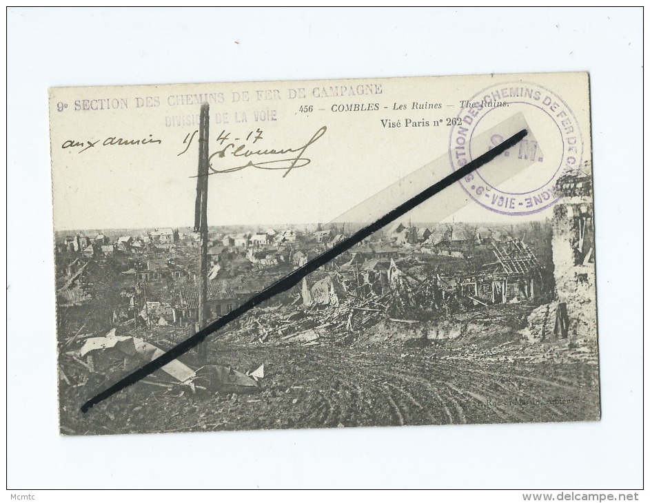 CPA Rétrécit , Provenant D'un Carnet-  Combles - Les Ruines-- Cachet 9e Section De Chemins De Fer De Campagne -division - Combles