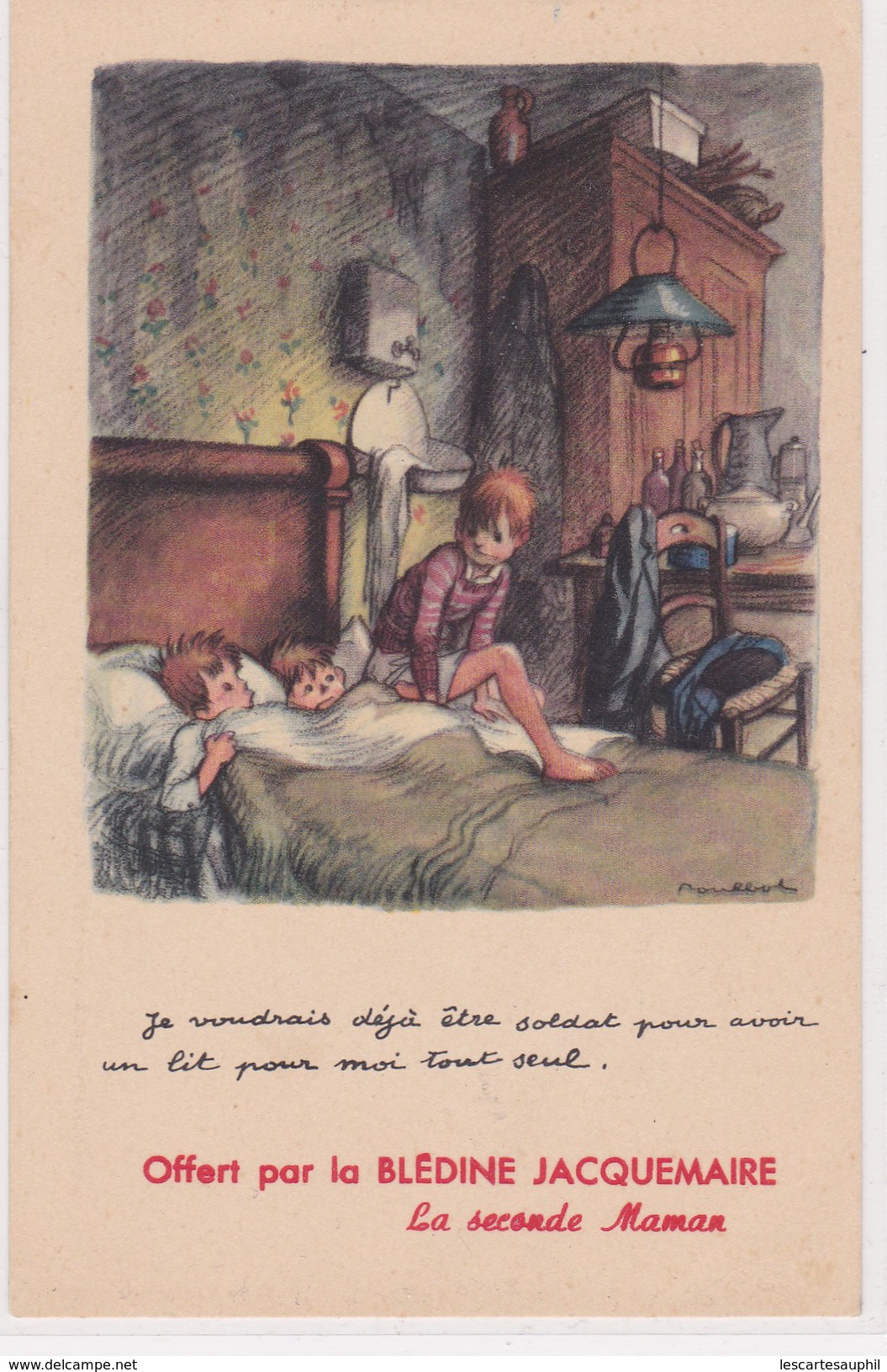 Illustration Poulbot Bledine Jacquemaire 3 Jeunes Enfants Dans Le Meme Lit Dont Un Veut Etre Soldat Pour Avoir Son Lit - Poulbot, F.