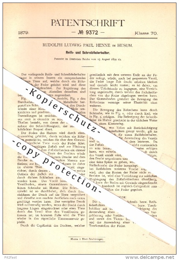 Original Patent - Rudolph Ludwig Henne In Husum ,1879, Reiss- Und Schreibfederhalter , Fedehalter , Füllfederhalter !!! - Schreibgerät