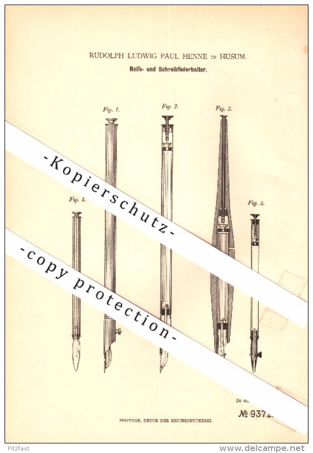 Original Patent - Rudolph Ludwig Henne In Husum ,1879, Reiss- Und Schreibfederhalter , Fedehalter , Füllfederhalter !!! - Schreibgerät