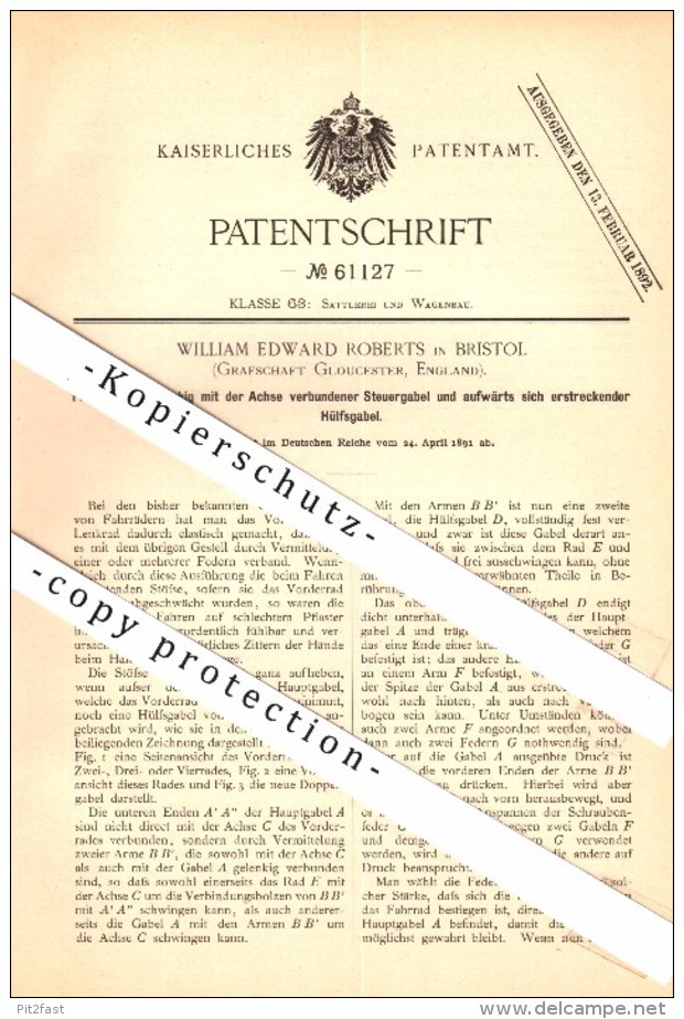 Original Patent - William Edward Roberts In Bristol , Gloucester , 1891 , Bicycle Articulated Fork , Fahrrad !!! - Motor Bikes