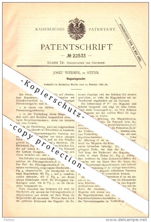 Original Patent - Josef Werndl In Steyr , 1882 , Magazingewehr , Gewehr , Waffen !!! - 1914-18