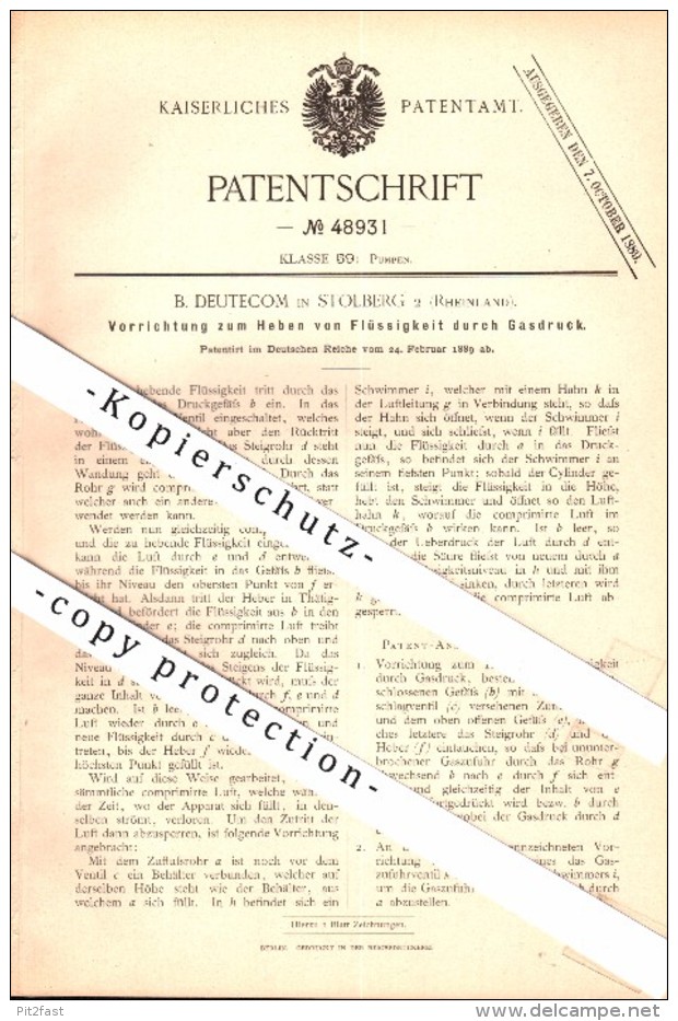 Original Patent - B. Deutecom In Stolberg 2 , Rheinland , 1889 , Gasdruck - Apparat , Pumpe !!! - Stolberg