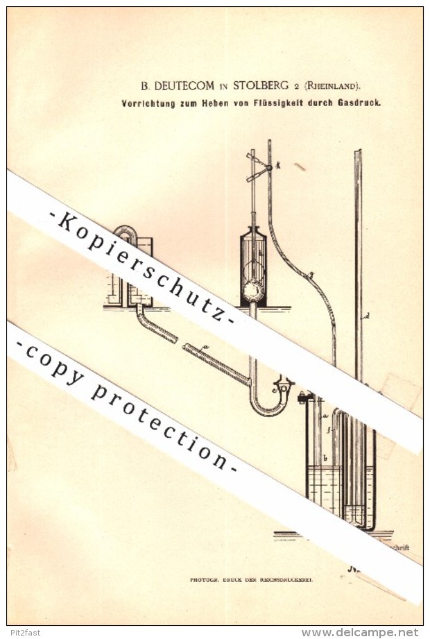 Original Patent - B. Deutecom In Stolberg 2 , Rheinland , 1889 , Gasdruck - Apparat , Pumpe !!! - Stolberg