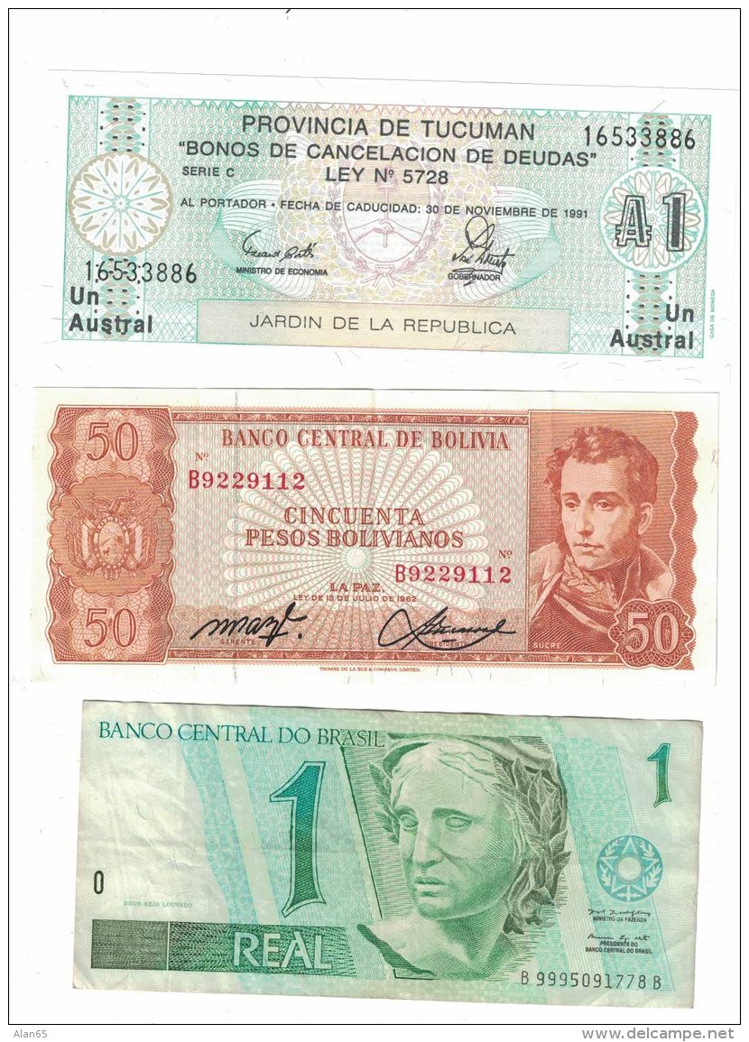 Lot Of 3 Banknotes Currency, Argentina #S2711Tucuman 1 Astral, Bolivia #162a 1962 50 Pesos, Brazil #243Ae 1 Real 1997 - Alla Rinfusa - Banconote