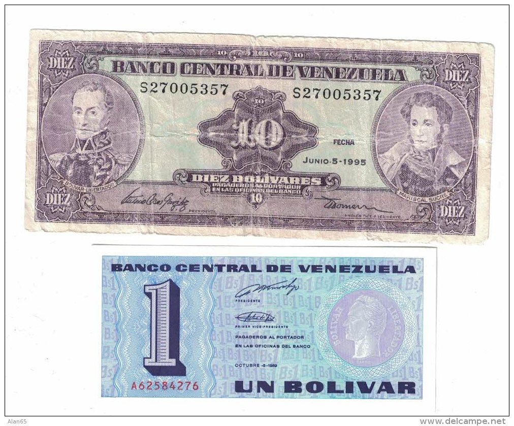 Lot Of 2 Banknotes Currency, Venezuela #61d 10 Bolivares 1995, #68 1 Bolivar 1989 Issue - Venezuela