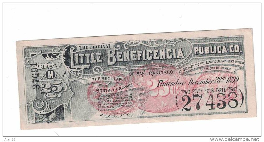 San Francisco CA Little Beneficencia Publica Co. Montly Drawing (Lottery) 25-cent Class M Ticket December 28 1899 - Lottery Tickets