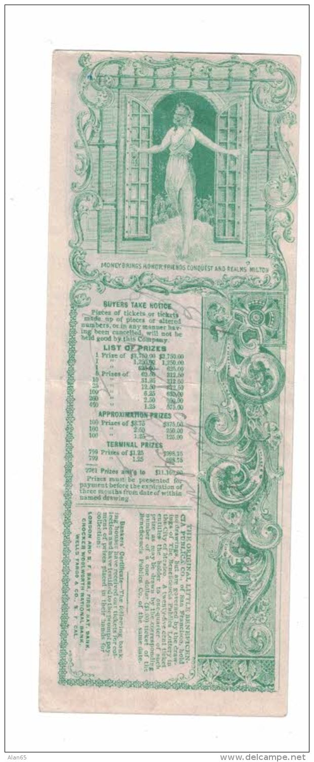 San Francisco CA Little Beneficencia Publica Co. Montly Drawing (Lottery) 25-cent Class M Ticket December 28 1899 - Lottery Tickets