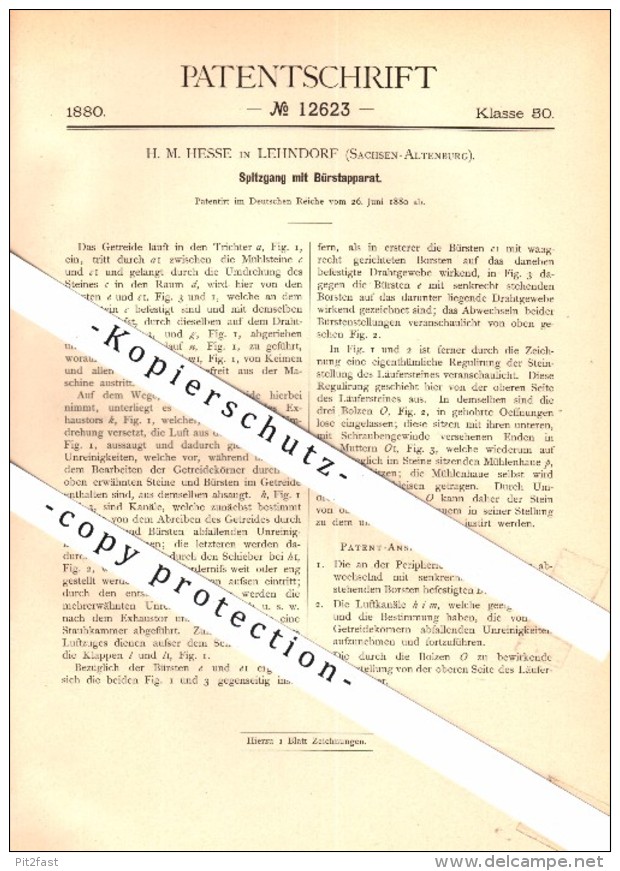 Original Patent - H.M. Hesse In Lehndorf B. Nobitz , 1880 , Bürstapparat Für Mühle , Windmühle , Sachsen-Altenburg  !! - Altenburg