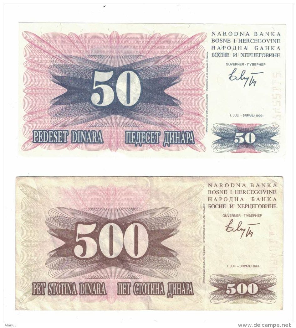 Bosnia &amp; Herzegovina Lot Of 2 Banknotes Currency #12 50 Dinara 1992 And #14 500 Dinara 1992  Issues - Bosnia And Herzegovina
