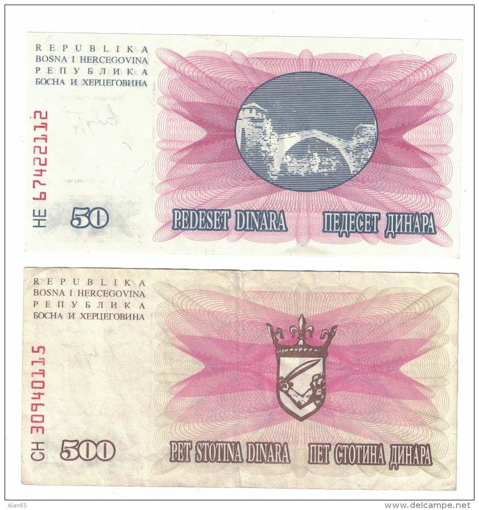 Bosnia &amp; Herzegovina Lot Of 2 Banknotes Currency #12 50 Dinara 1992 And #14 500 Dinara 1992  Issues - Bosnia And Herzegovina