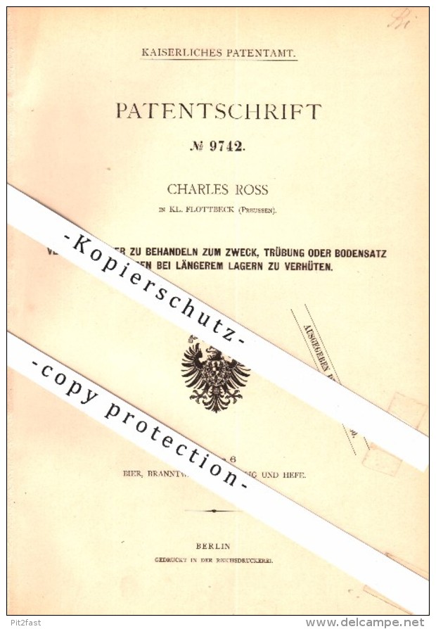 Original Patent - Charles Ross In Teufelsbrücke B. Altona / Hamburg , 1879 , Behandlung Von Bier , Brauerei , Flottbek - Altona