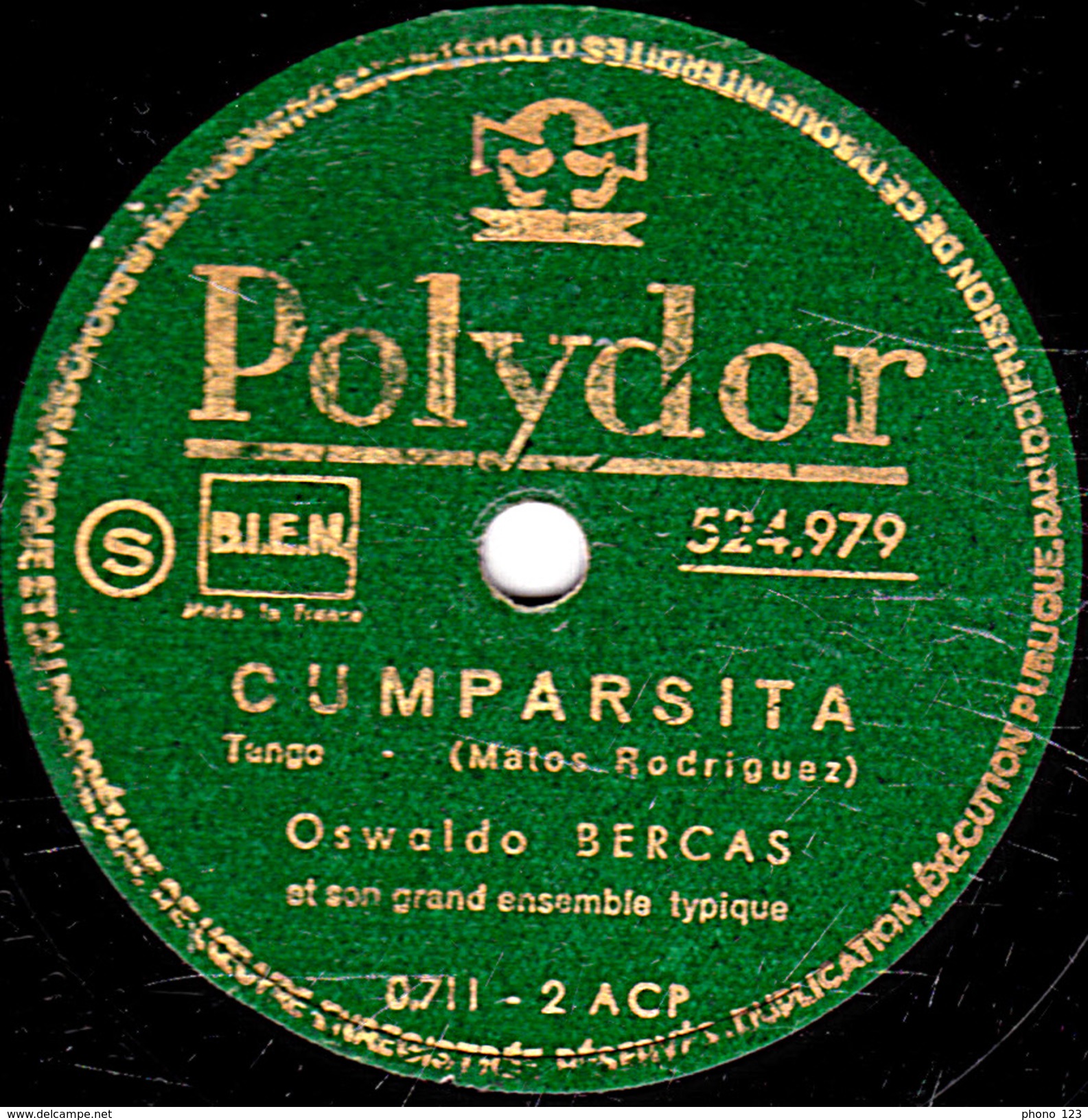 78 T. - 25 Cm - état  B -  Osvaldo BERCAS - CUMPARSITA - SILENCIO DE LA NOCHE - 78 T - Discos Para Fonógrafos