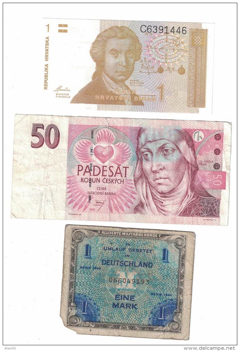 Lot Of 3 Banknotes Currency, Croatia #16 1 Dinar 1991, Czech #17 50 Korun 1997, Germany #192a 1 Mark Occupation Issue - Kiloware - Banknoten